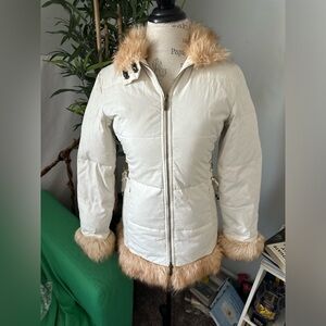 Coat size small women parka down lace up side fur warm winter express vintage